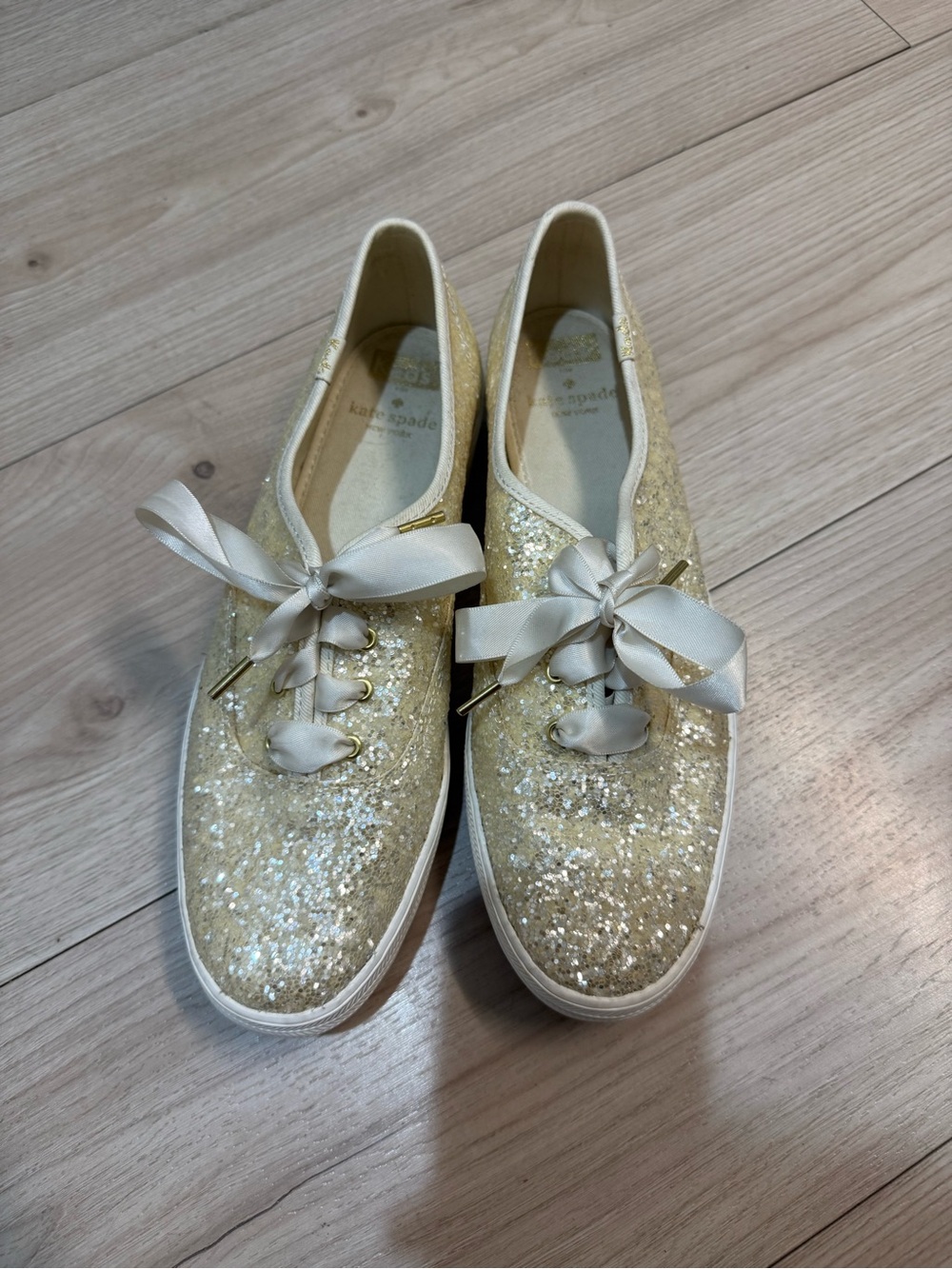 Kate Spade Keds New York Gold Glitter Ribbon Lace-Up Sneakers